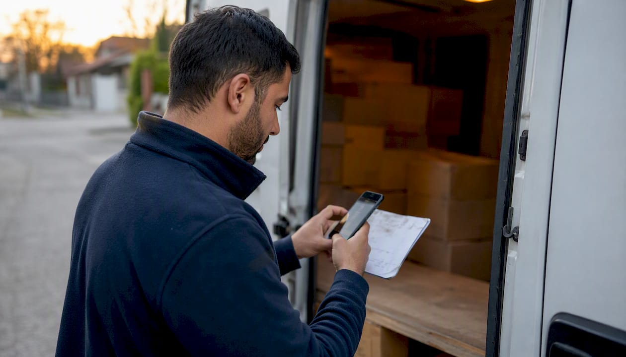 Courier taking photo of consignment note