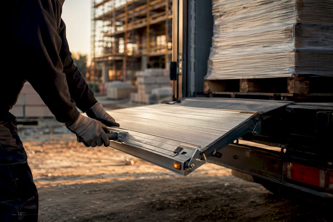 Hands operating tail lift ramp at jobsite