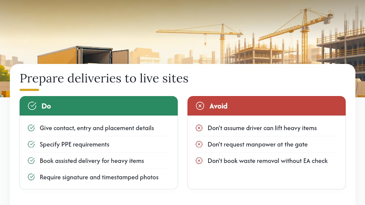 Getting materials onto an active site without disrupting the job — overview diagram