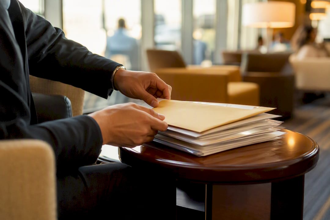 Onboard courier arranging documents in airport lounge