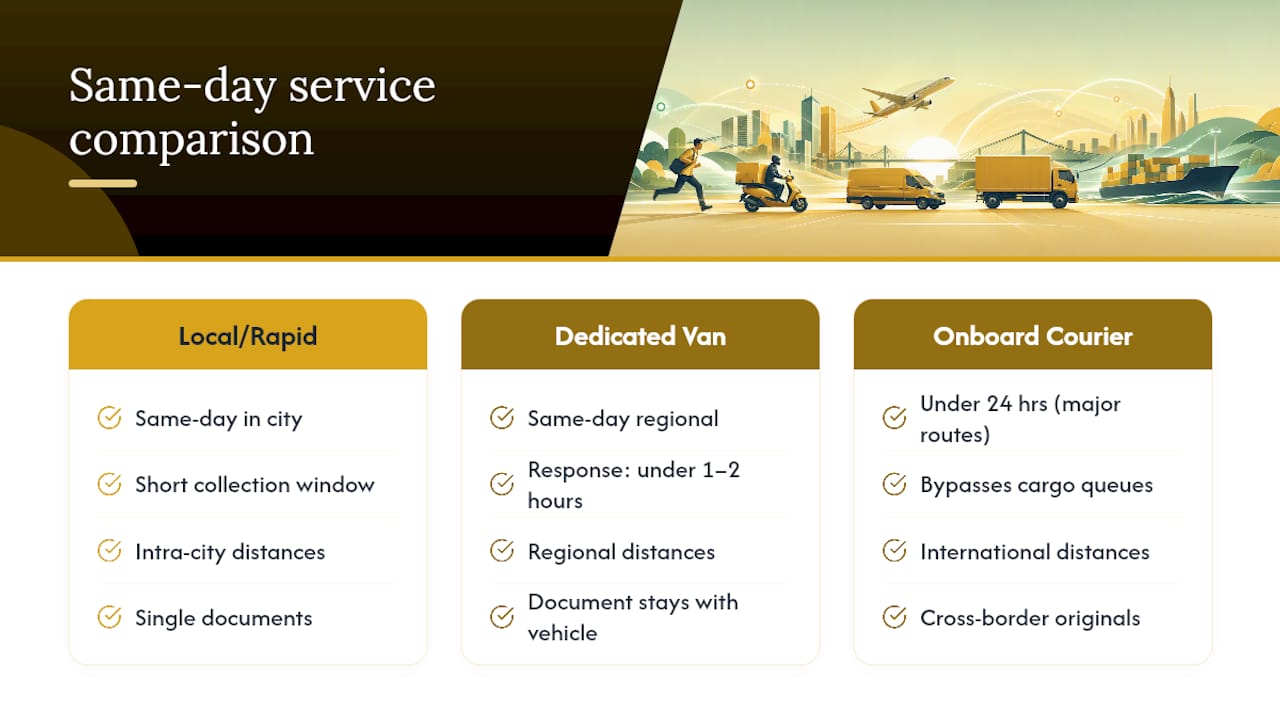 Diagram comparing speeds and service types for same-day courier options
