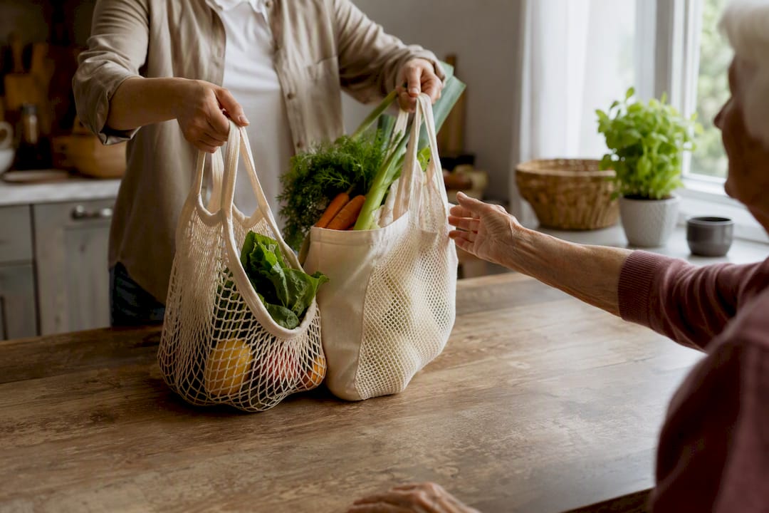 Hands exchanging grocery bags in home hallway