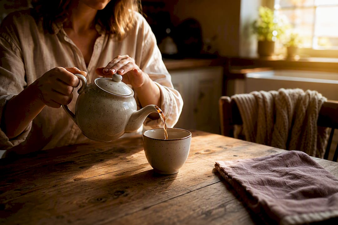 Companion pouring tea in UK home kitchen
