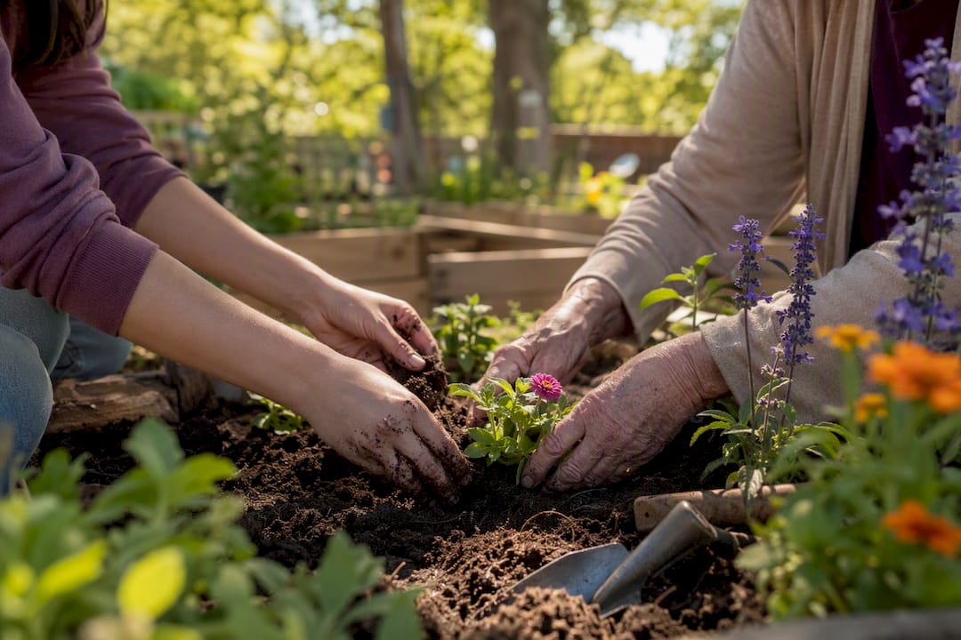 Hands gardening with elderly person in community garden