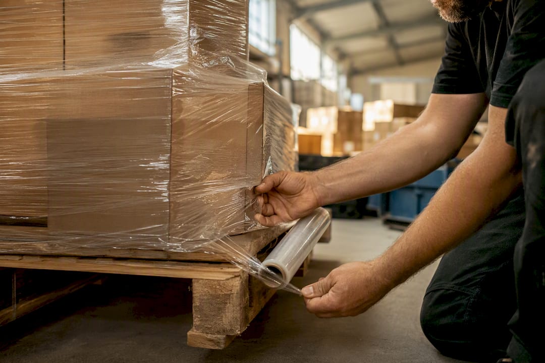 Worker adjusting pallet straps in warehouse
