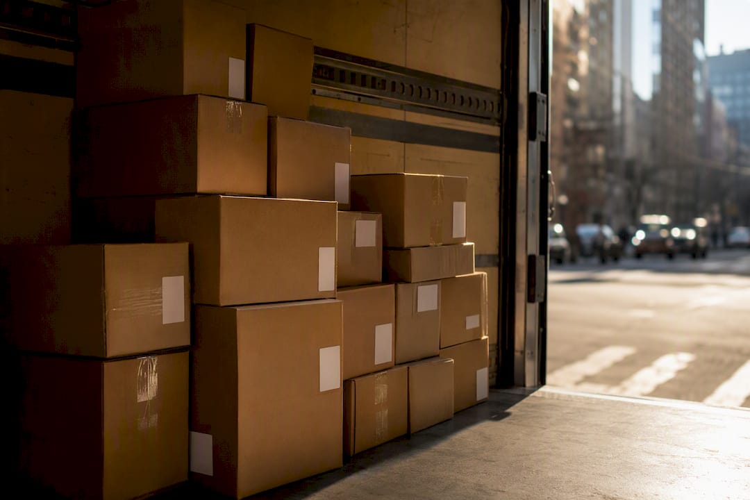 Stacked labelled same-day delivery parcels