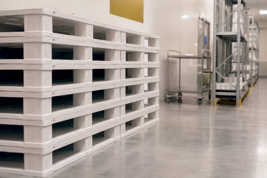 Plastic pallets stacked in pharmaceutical warehouse