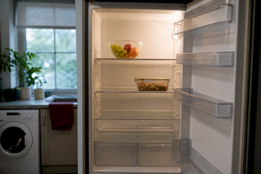 Sparse refrigerator suggesting changed meal routine