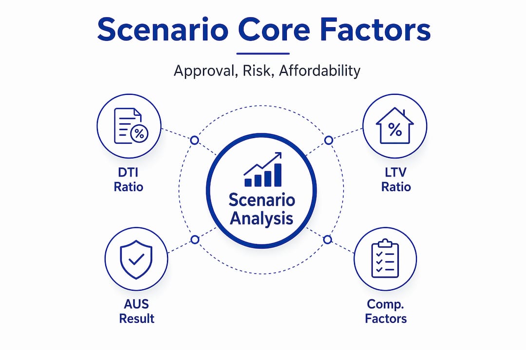 Hierarchy infographic with scenario analysis core mortgage factors