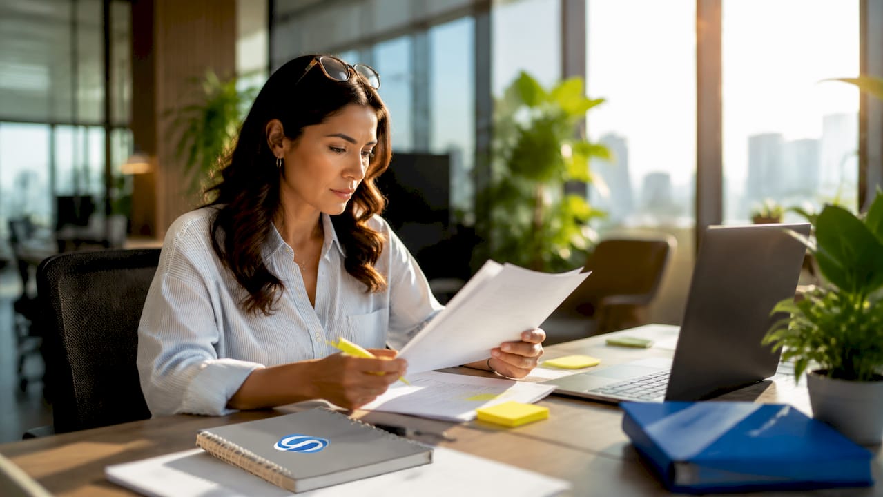 Mortgage compliance officer reviewing documents at desk