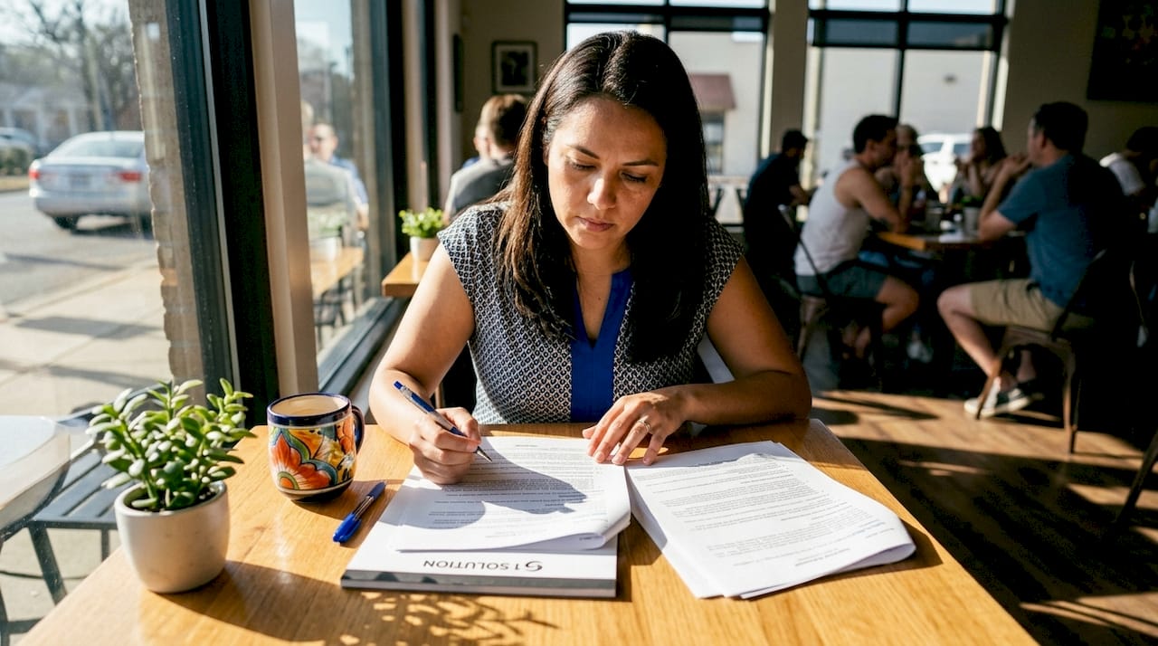 Woman reviewing mortgage audit documents at desk