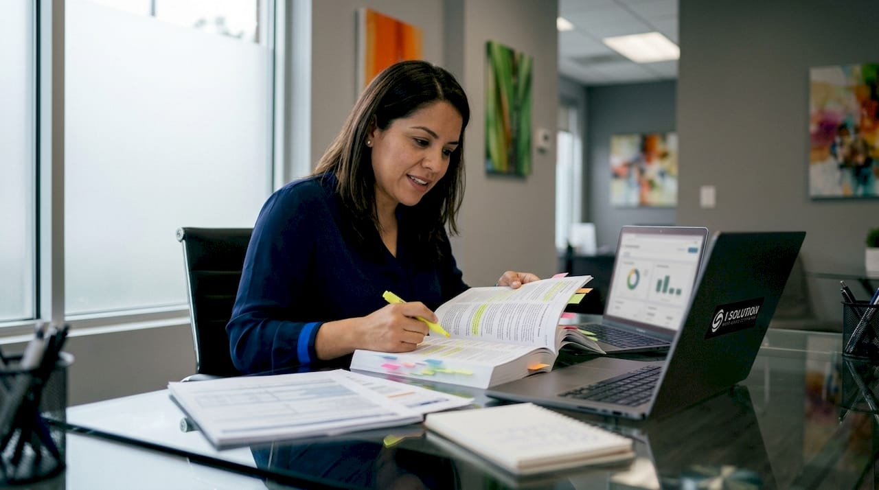 Mortgage officer reviewing manual documents