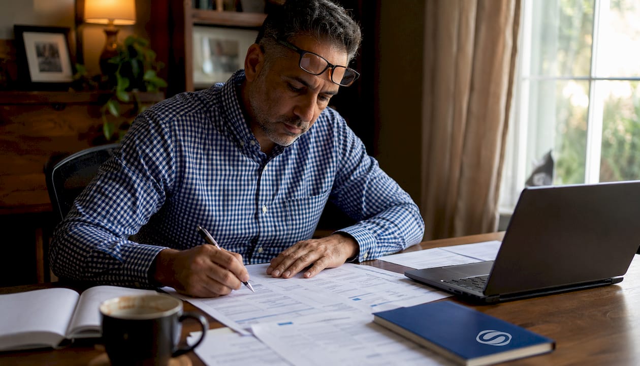 Mortgage broker reviewing loan estimates at desk