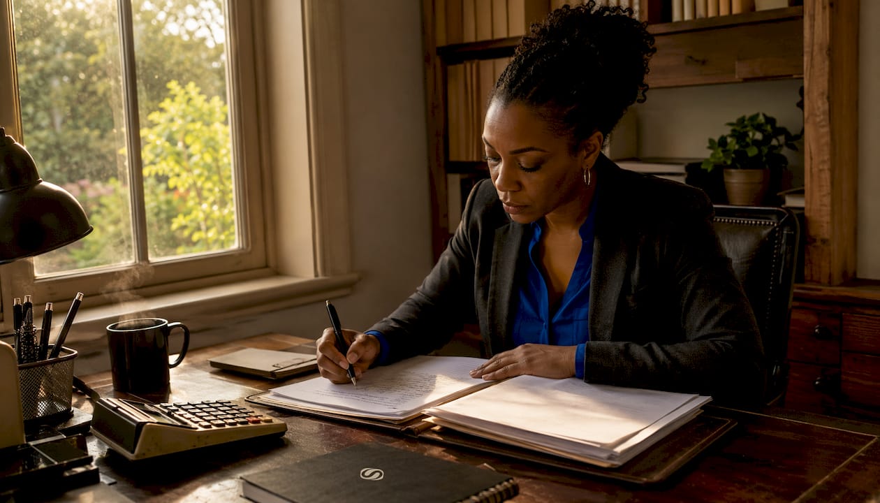 Loan officer reviewing client data at desk