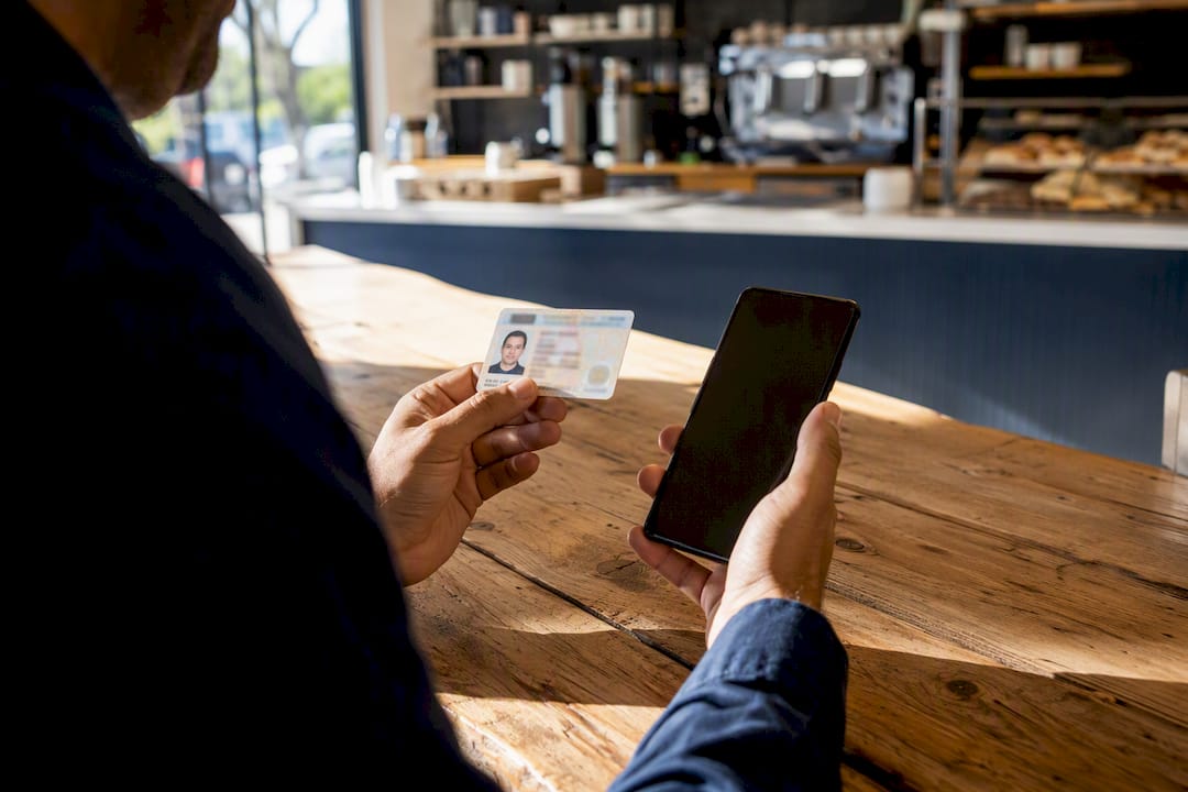 Close-up of hands holding ID and smartphone on desk
