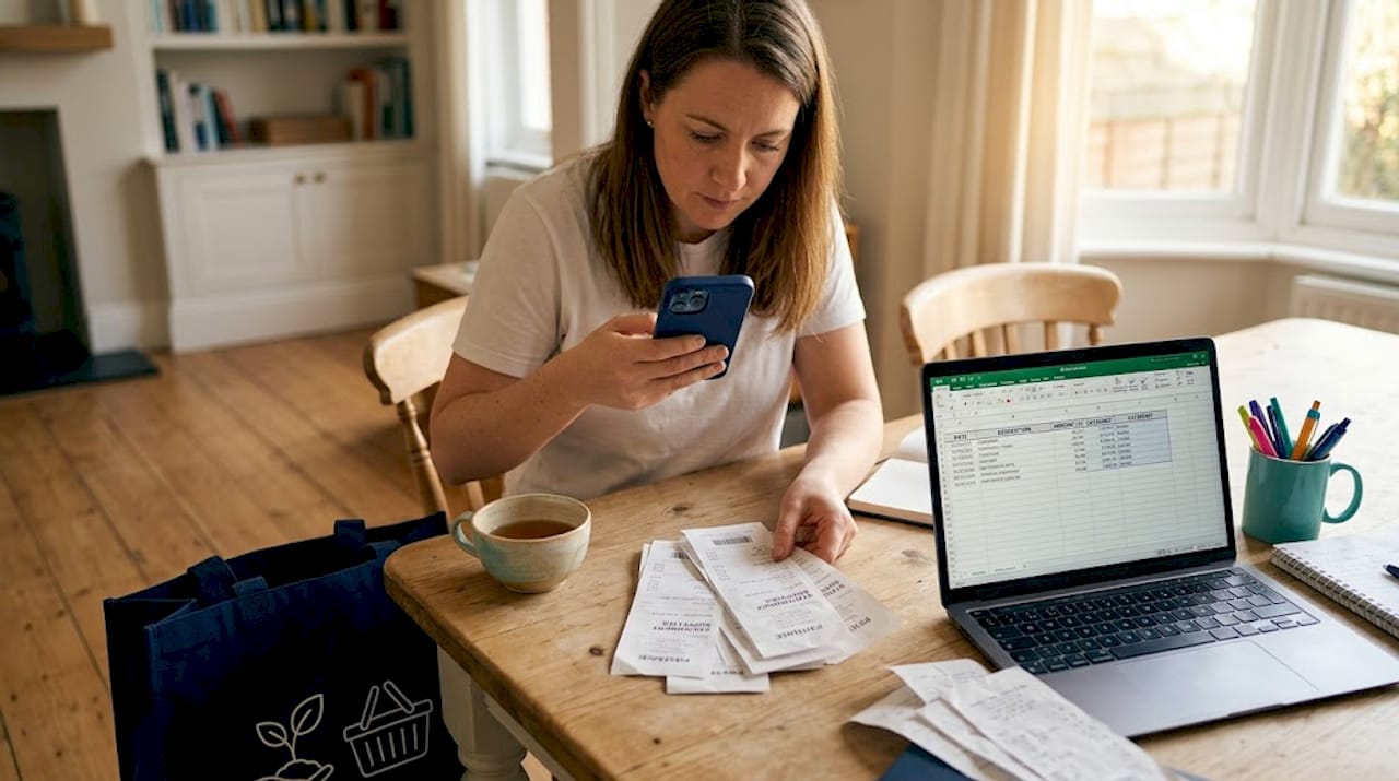 Business owner digitizing receipts kitchen table