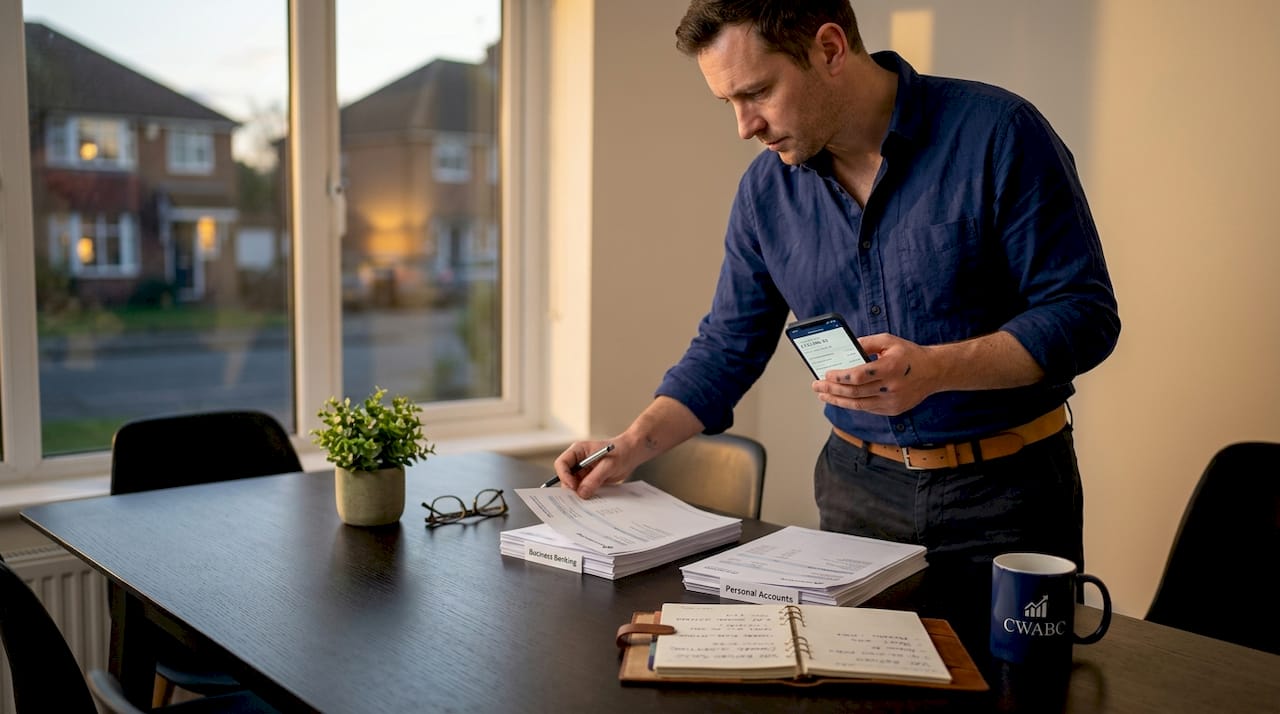 Sorting personal and business bank papers at home