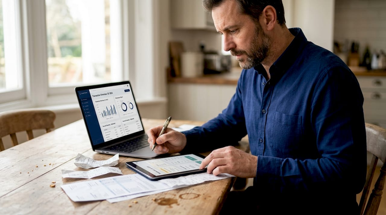 Business owner organizing bank and digital records