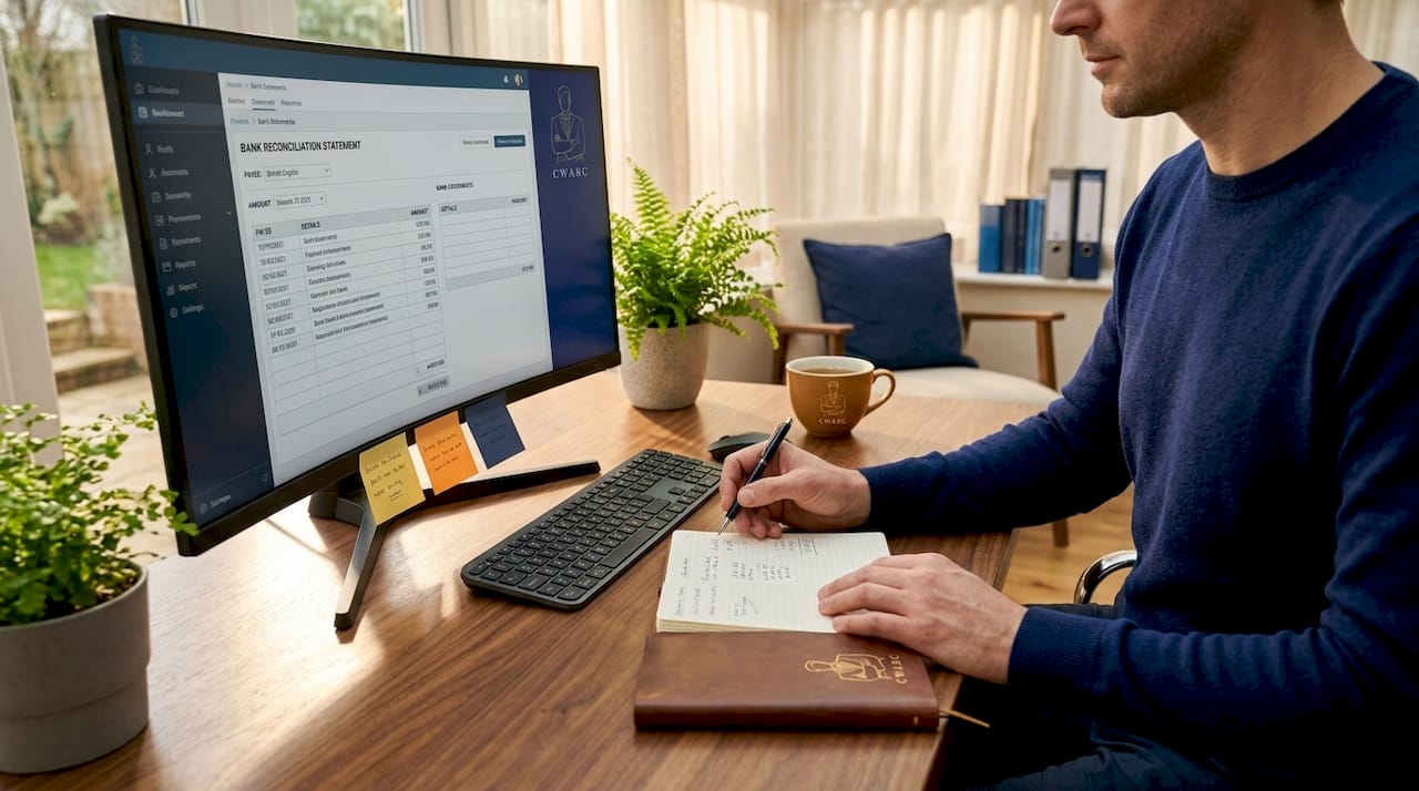 Bookkeeper reconciling accounts in home workspace