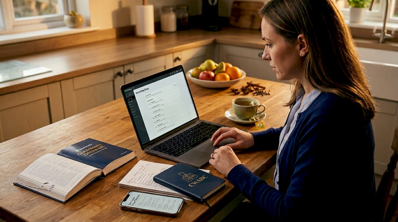 Setting up bookkeeping software on kitchen table
