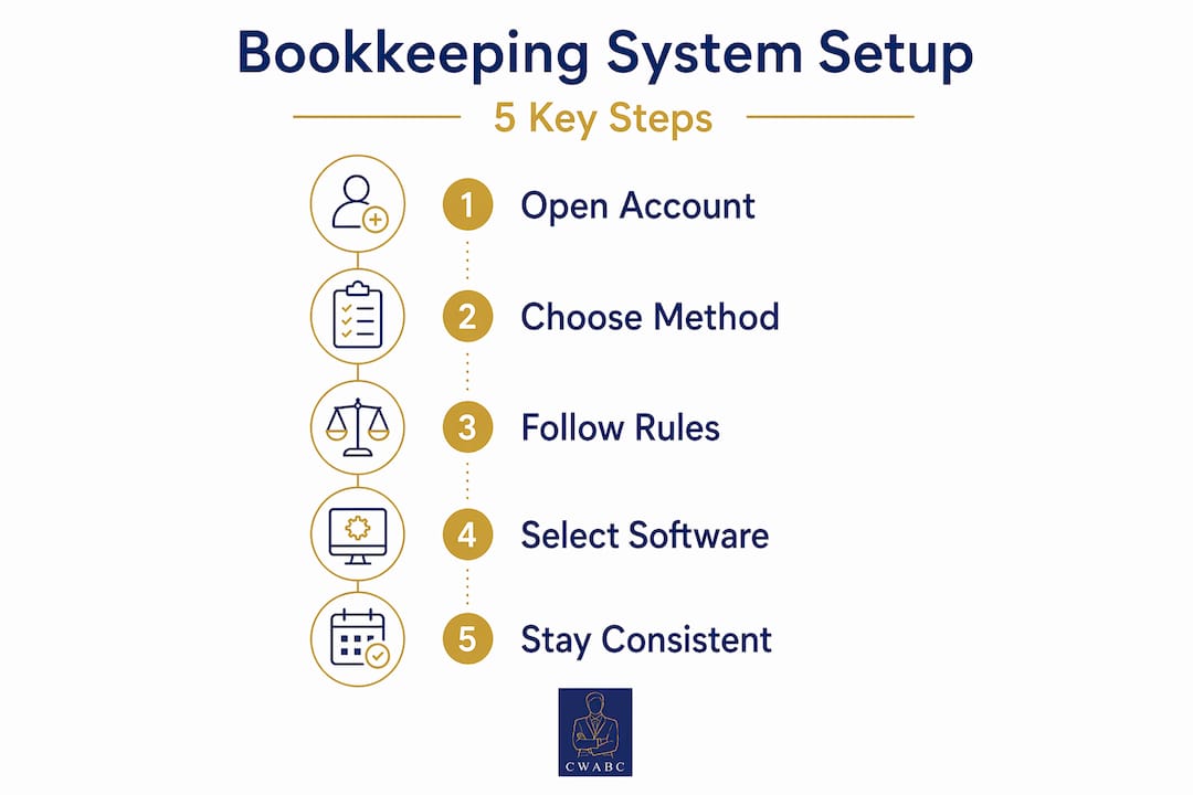 Infographic showing five steps for bookkeeping setup