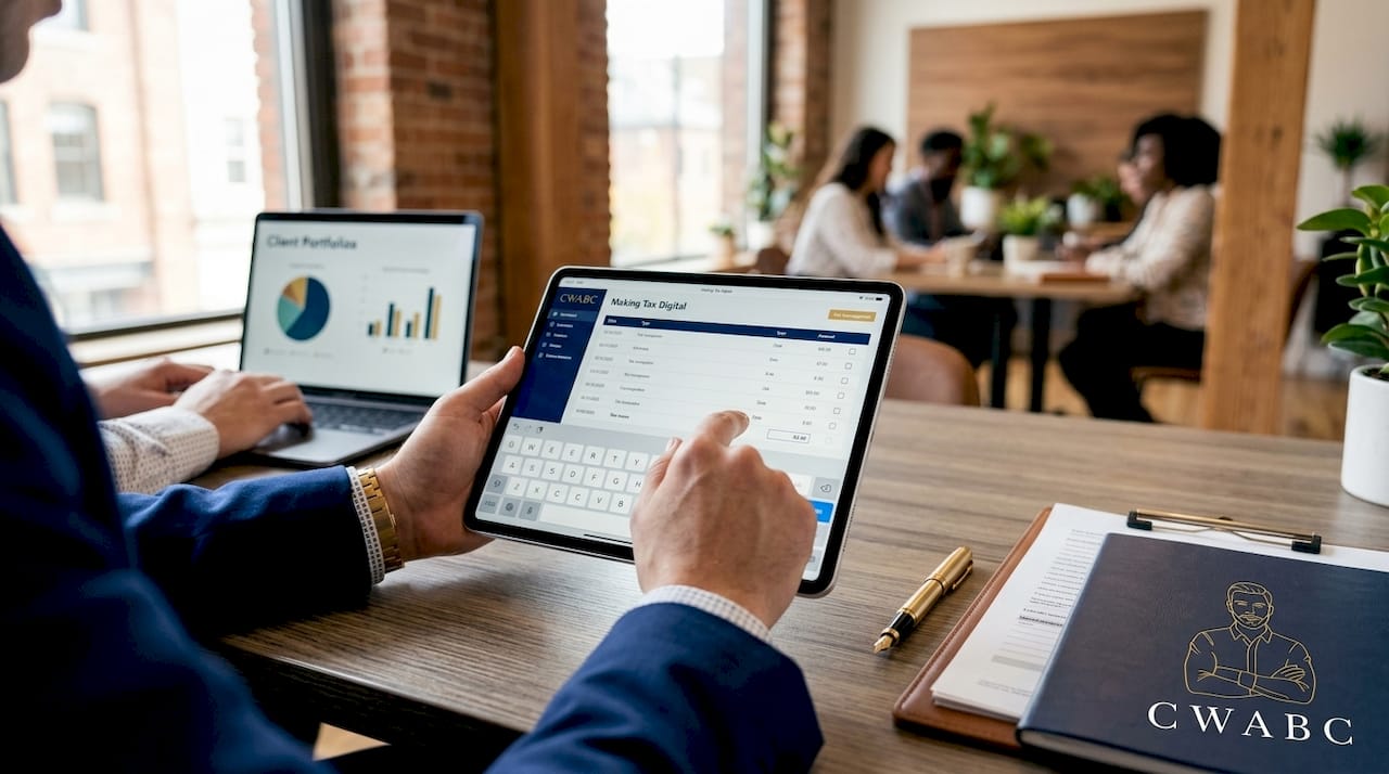 Hands using tax software on tablet