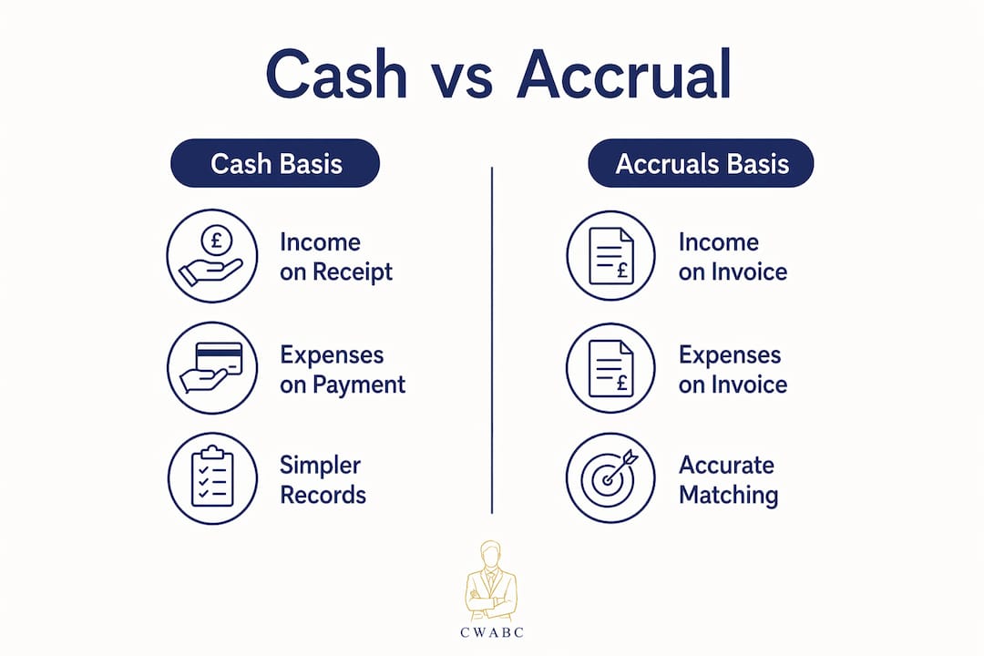 Infographic comparing cash basis and accruals accounting
