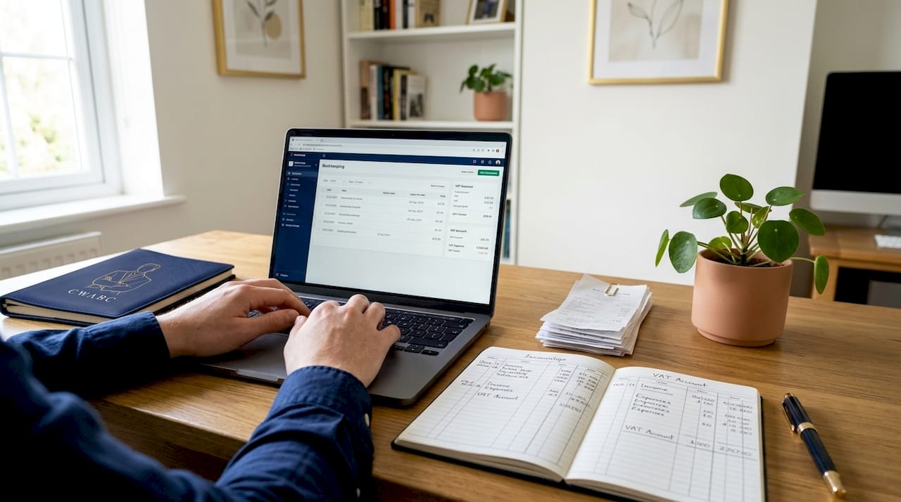 Hands working on sole trader bookkeeping at laptop