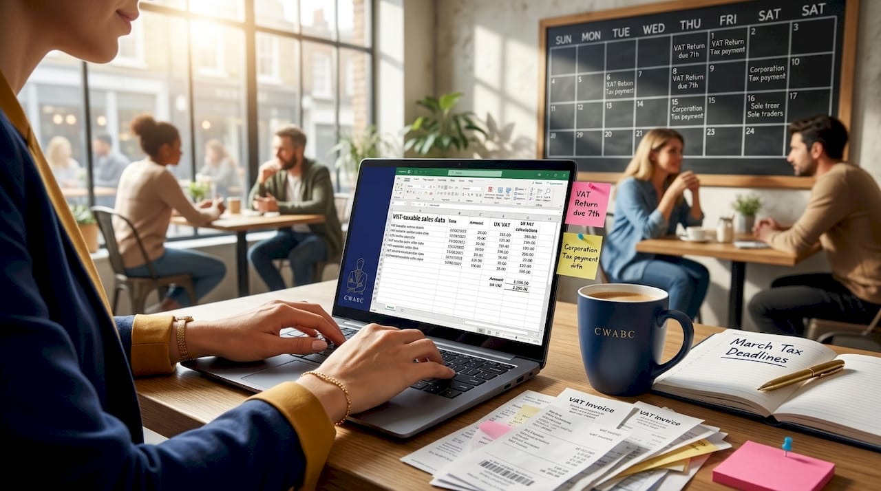Hands entering monthly VAT sales data on laptop