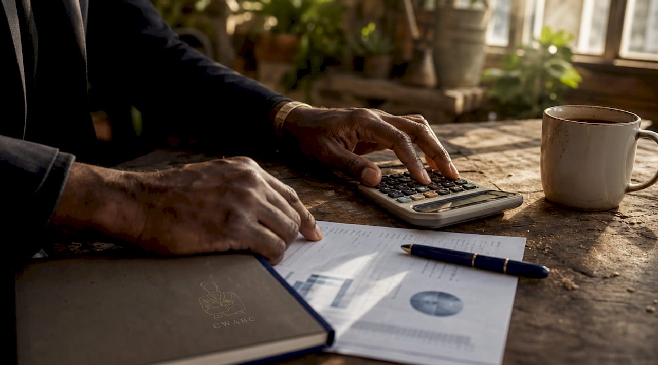 Hands calculating on profit loss report at kitchen table