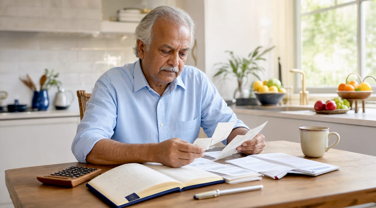 Hands sorting documents and receipts on table
