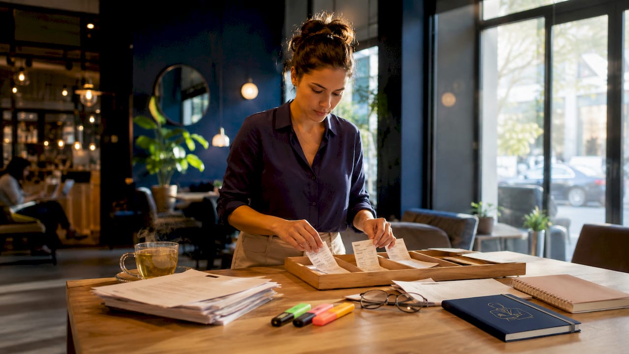 Hands organizing bookkeeping receipts at desk