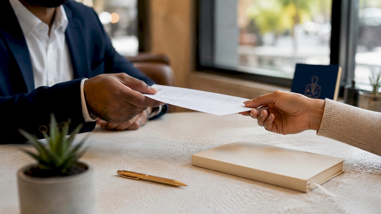 Hands exchanging UTR document over desk