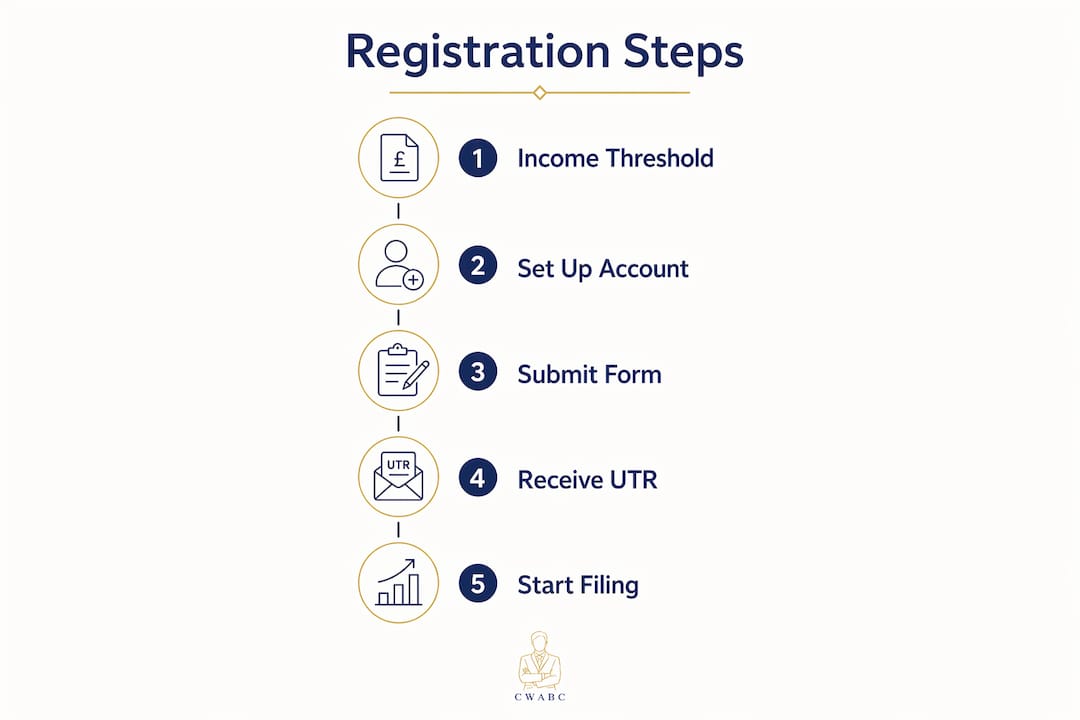 Infographic illustrating five key steps to sole trader HMRC registration