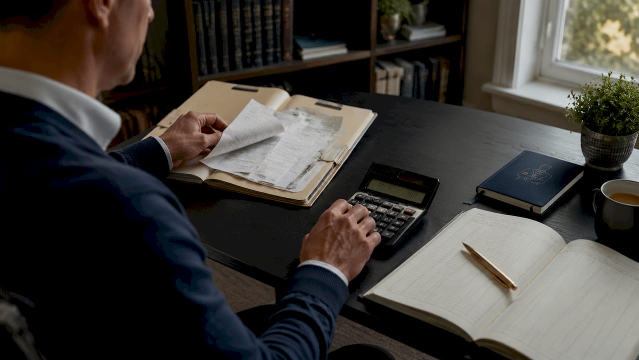 Hands calculating with receipts and ledger on desk