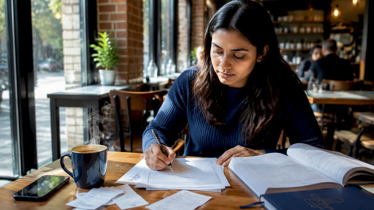 Woman completing sole trader tax form at home