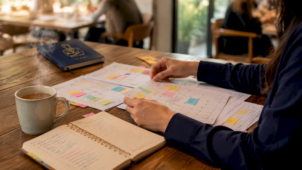 Hands arranging calendar pages showing quarterly deadlines