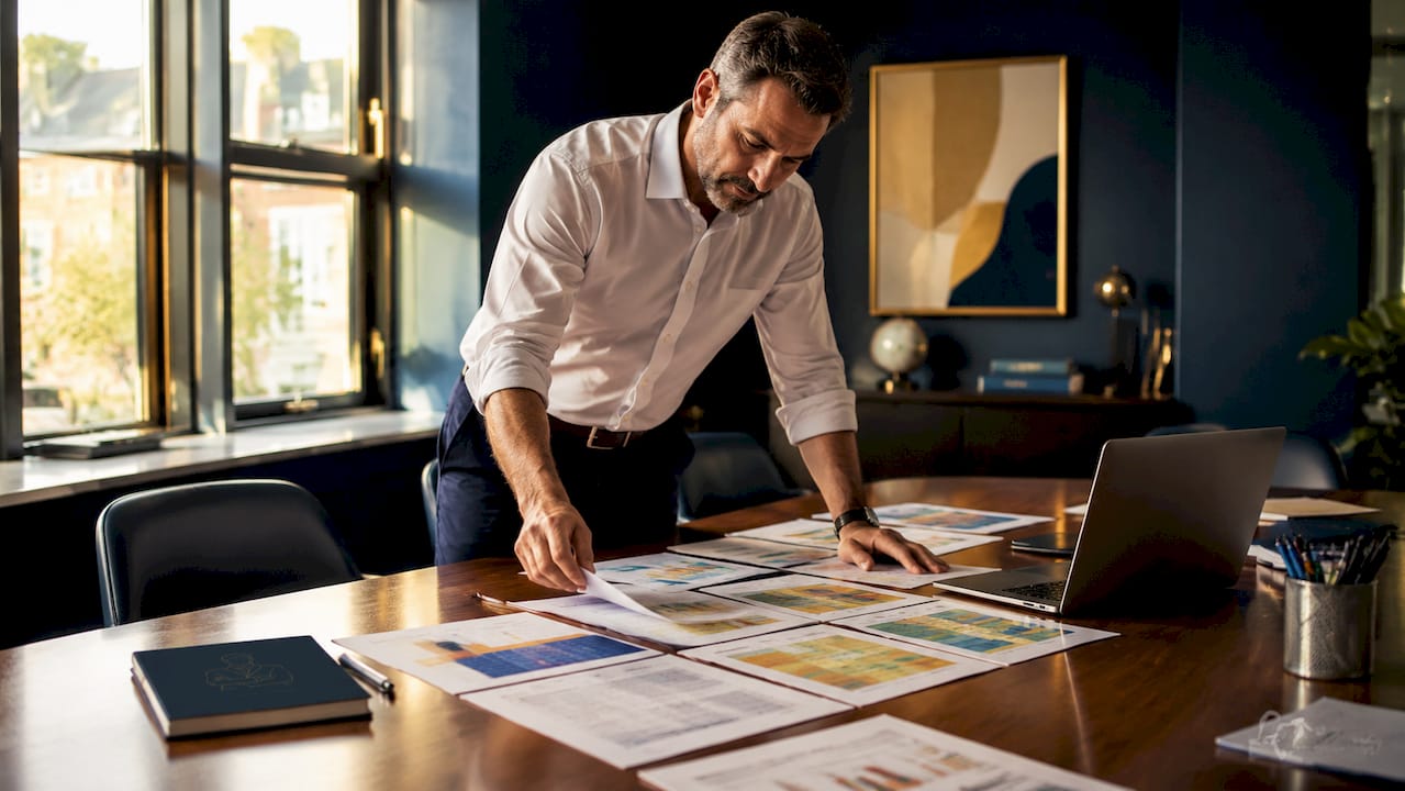 Hands organizing tax rate charts on office table