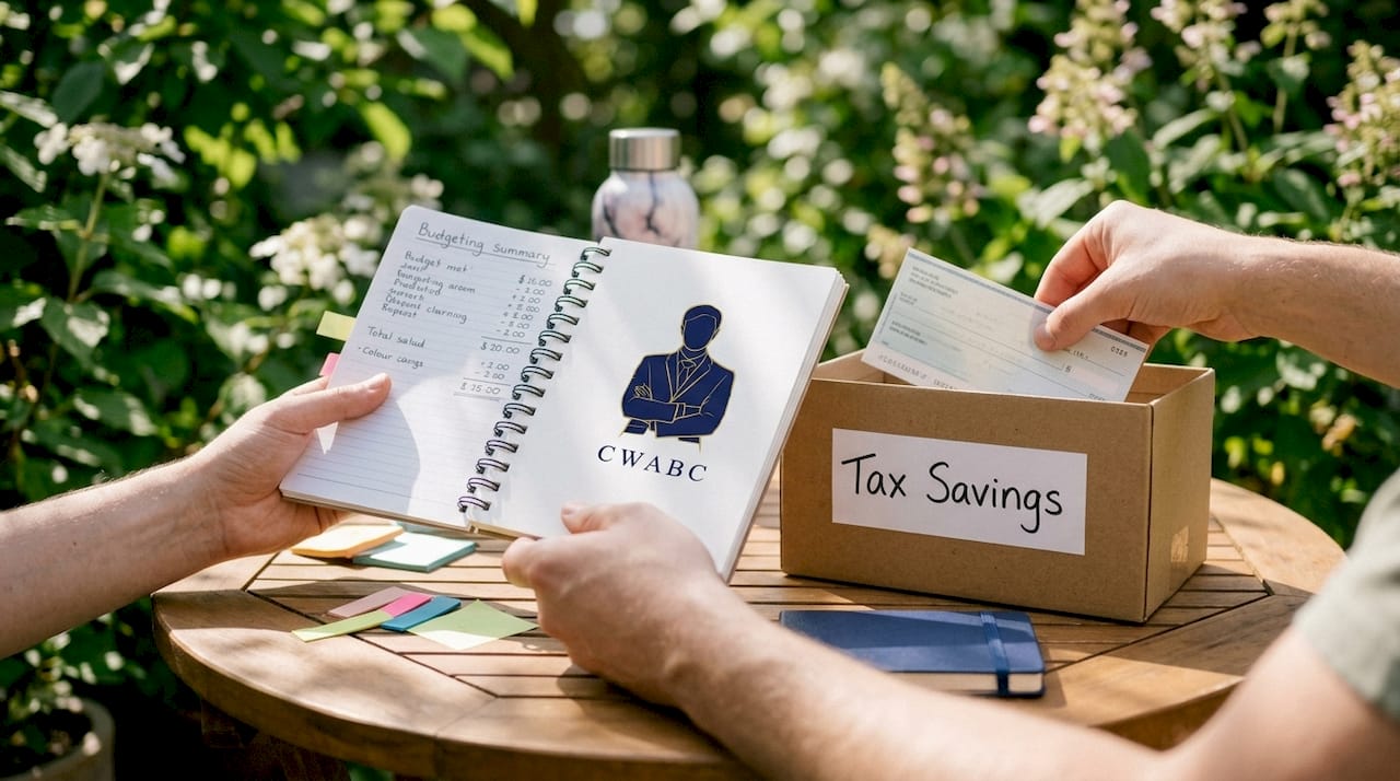 Hands managing monthly tax savings transfer