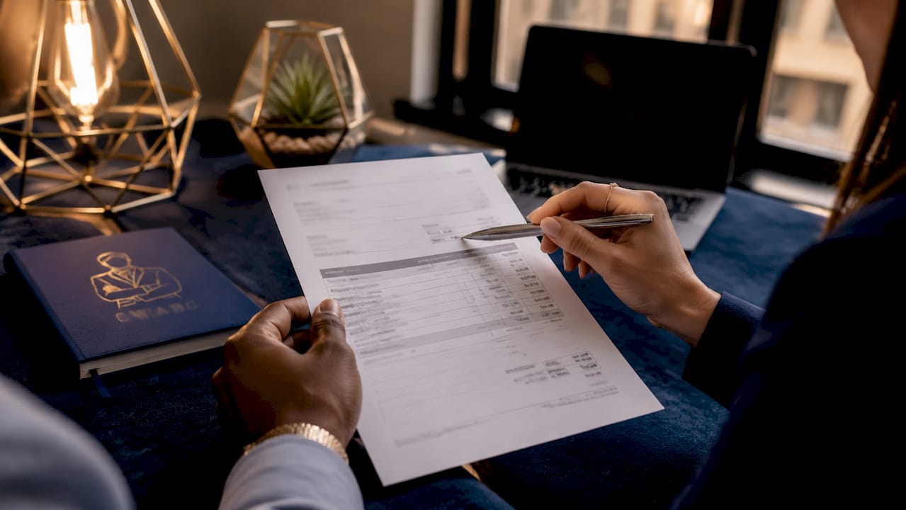 Hands pointing at VAT invoice details