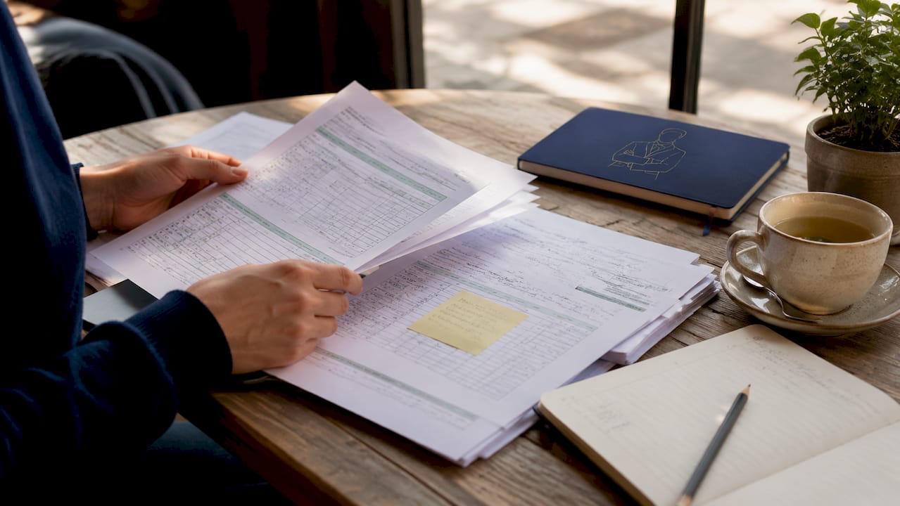 Hands organizing UK tax paperwork and calculator