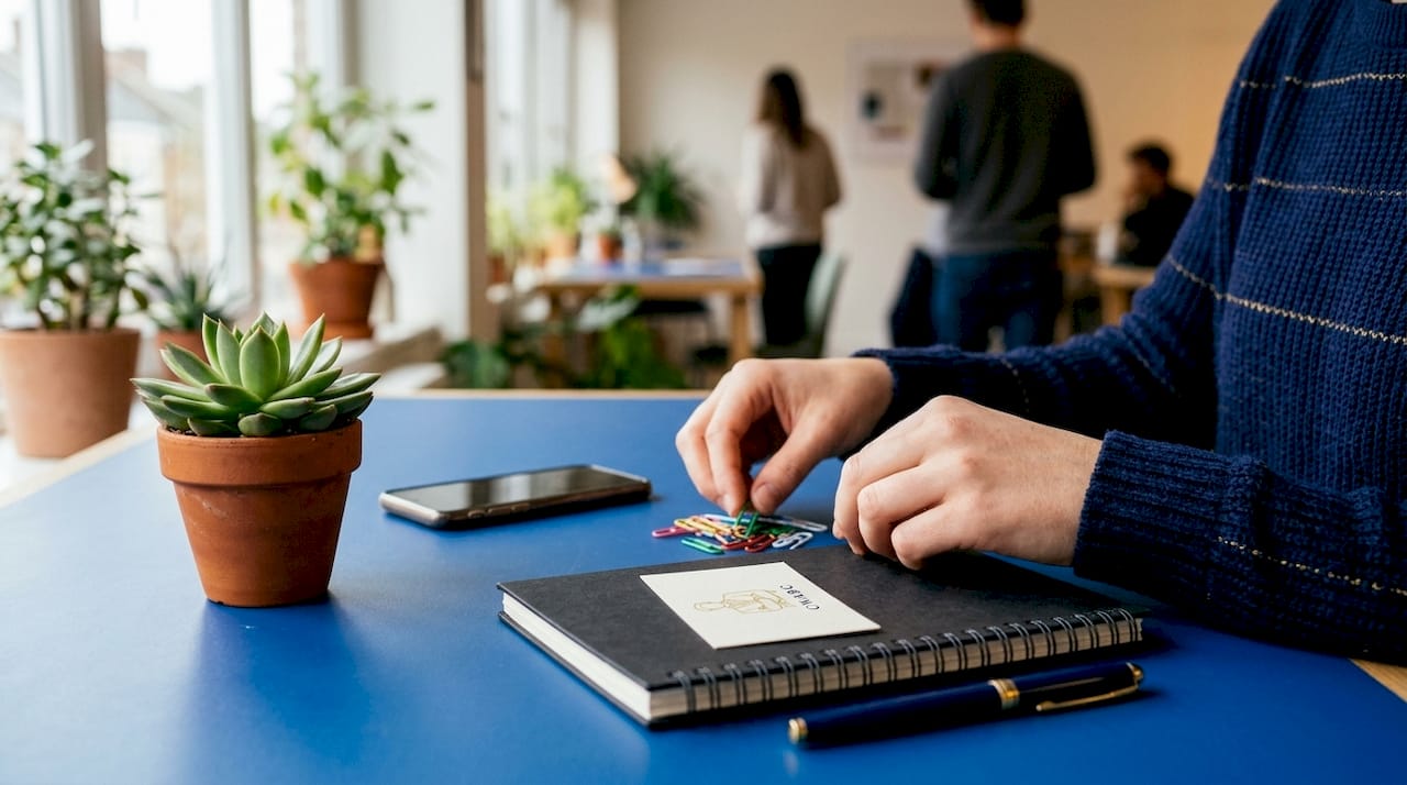 Hands organizing office supplies for business use