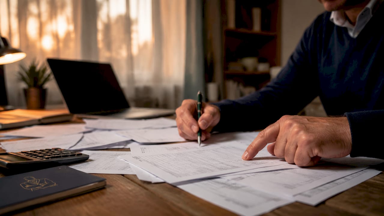 Accountant hands reviewing invoices for errors