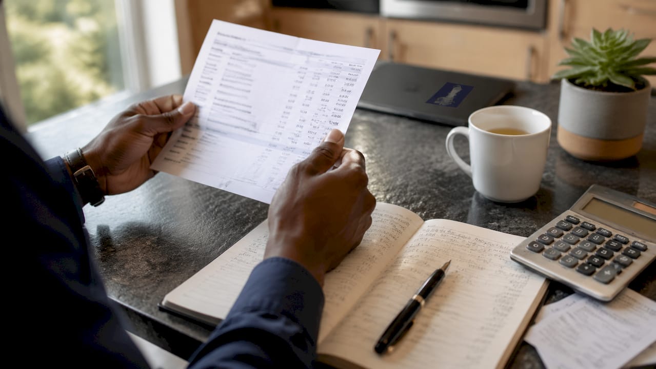 Hands holding bank statement and ledger