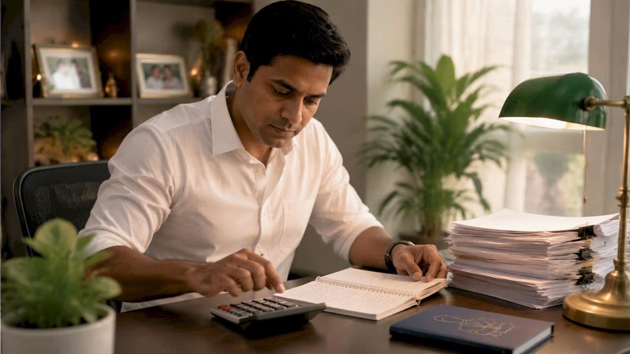 Hands using calculator on tax documents