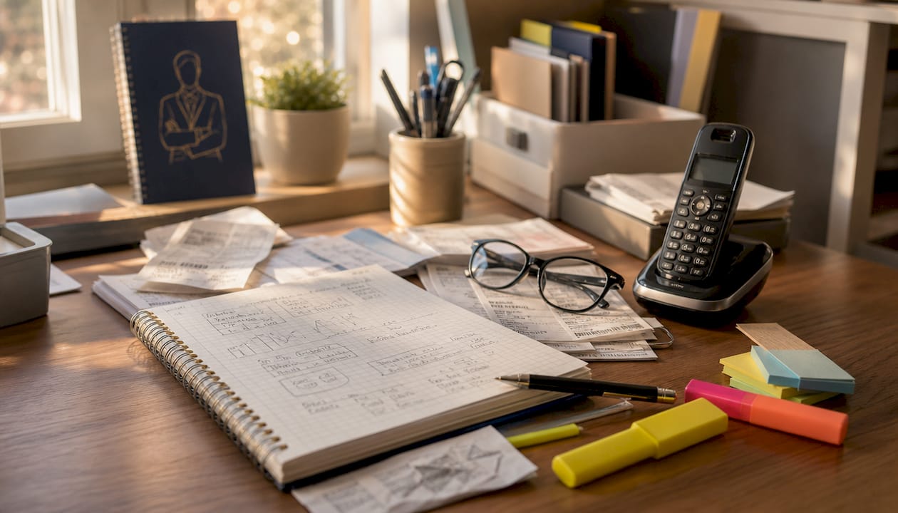 Desk with office supplies and financial notes