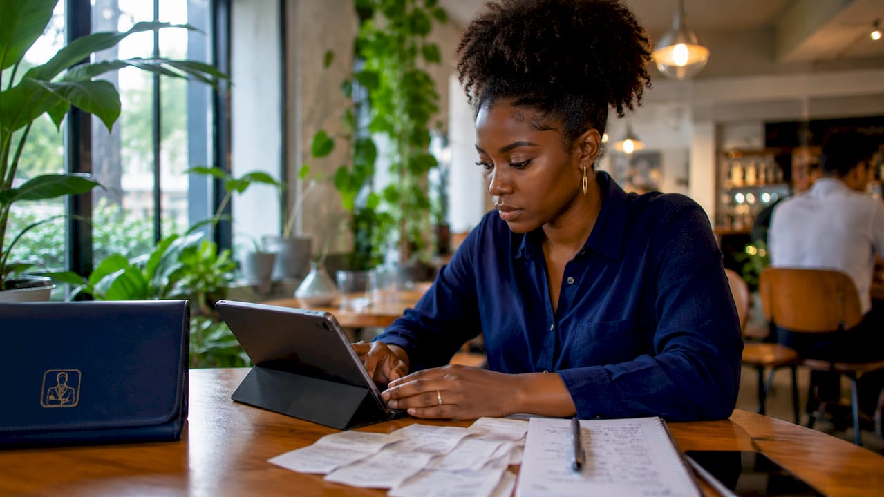 Close-up of hands entering expense data on laptop