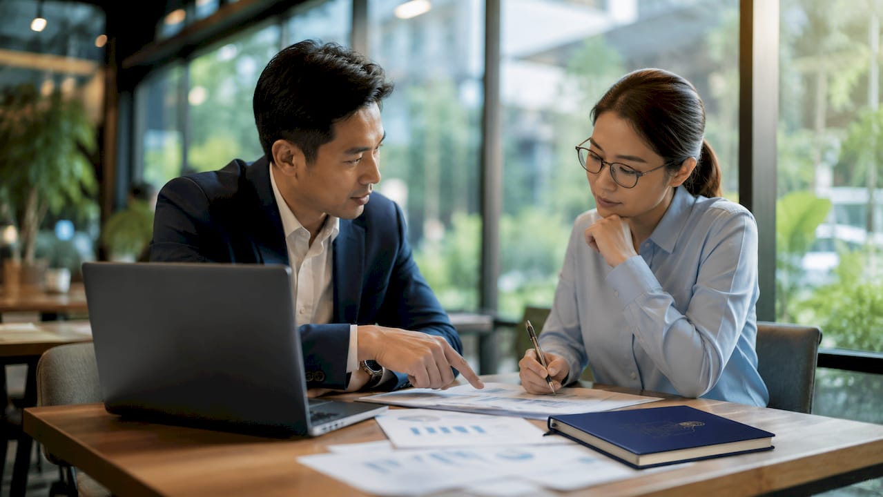 Two accountants discussing services at desk