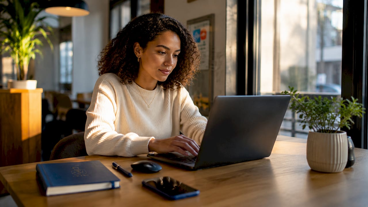Woman using laptop for digital bank reconciliation