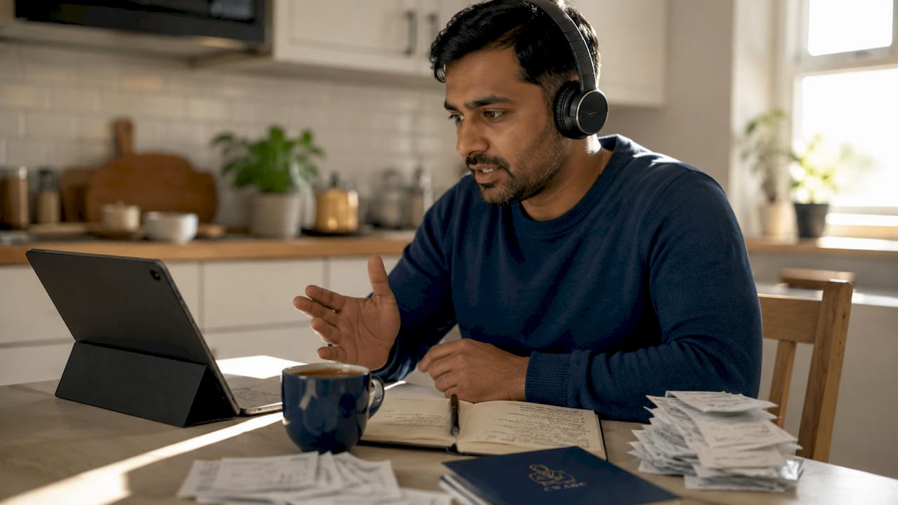 Man discussing business expenses in home office